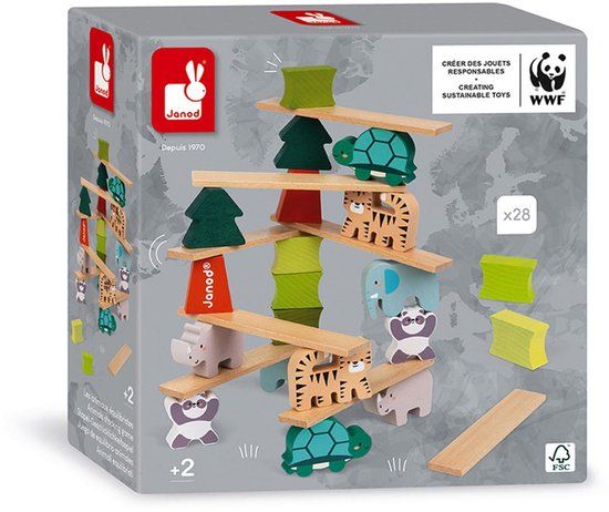 Janod WWF - Stapelspel Bomen En Dieren - 2-In-1 Evenwichtsspel Met 28 Houten Onderdelen - Geschikt Vanaf 2 Jaar