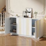 OKWISH Dressoir – Opbergkast Met 4 Deuren – 140 x 35 x 70 cm – Verstelbare Binnenvakken – Wit Met Goud – Voor Woonkamer En Hal