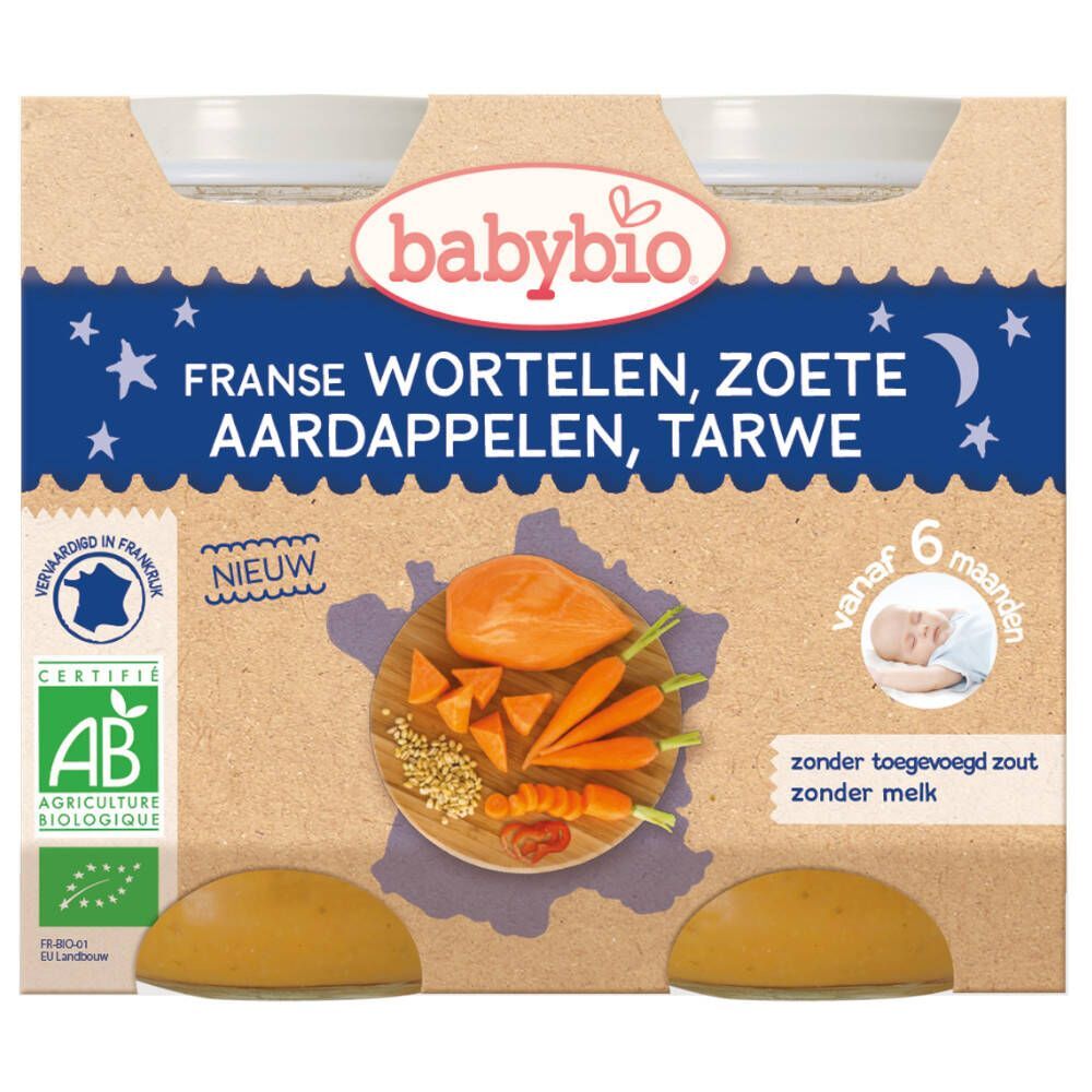 Ocebio Babybio Franse Wortelen, Zoete Aardappelen en Tarwe – Biologische Babyvoeding – Vegetarische Avondmaaltijd – Vanaf 6 Maanden 2x200 g