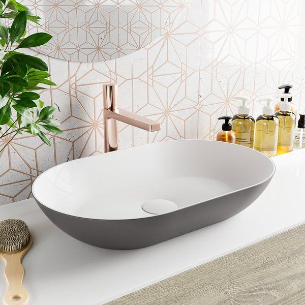 Mondiaz Onni waskom 55x35x10cm ovaal opbouw Solid Surface Darkgrey/Talc M80178DarkGreyTalc