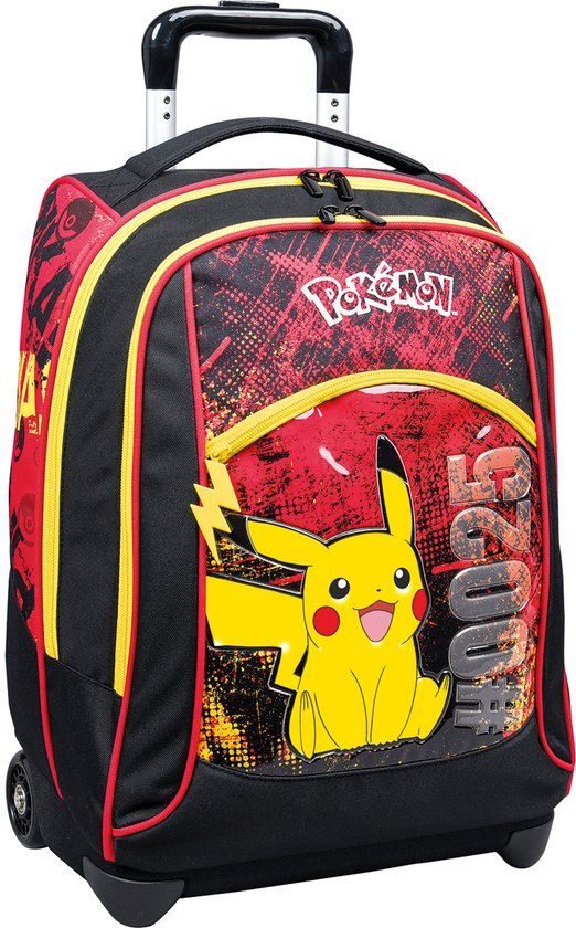 Seven Pokémon Pikachu, schooltrolley, Legendary Avengers, groot, rood en geel, dubbel vak, drinkfleszak en crossover systeem, schoolrugzak voor reizen, kinderen jongens, Meerkleurig., Eén maat, Rugzak