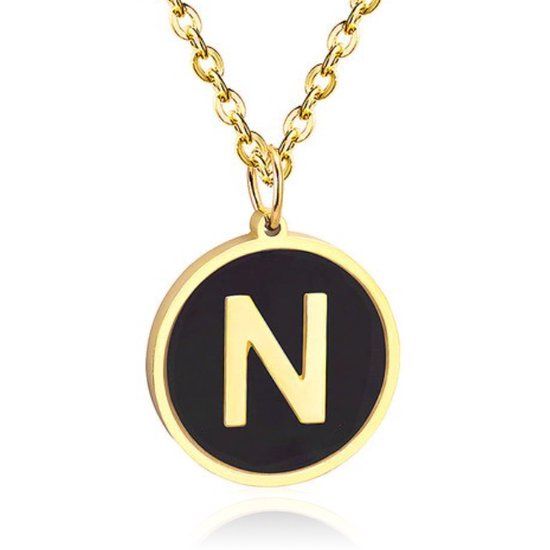 Cilla Jewels Lookinggoodtoday Goudkleurige Dames Schakelketting met Zwarte Kettinghanger Letter N