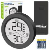 GreenBlue Station météo sans fil, avec capteur de température intérieure et extérieure, horloge, choix entre °C et °F, portée jusqu'à 60 mètres, noir, incluant 4 piles alcalines AAA de Varta (modèle GB162 B)