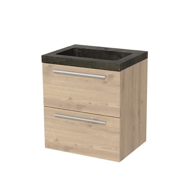 Maxaro Badkamermeubel 60cm Modulo Lichtbruin Eiken 2 lades Vlak Wastafel Natuursteen Blue Stone