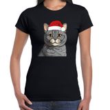 Bellatio Decorations Kerst T-shirt voor dames - lichtgrijze kat/poes met kerstmuts - zwart - Kerstfeest XS