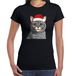 Bellatio Decorations Kerst T-shirt voor dames - lichtgrijze kat/poes met kerstmuts - zwart - Kerstfeest XS