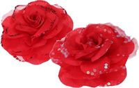 Merkloos Kerstboomversiering Bloemen - 2x stuks - 9 cm - rood glitter - op clip - ornament