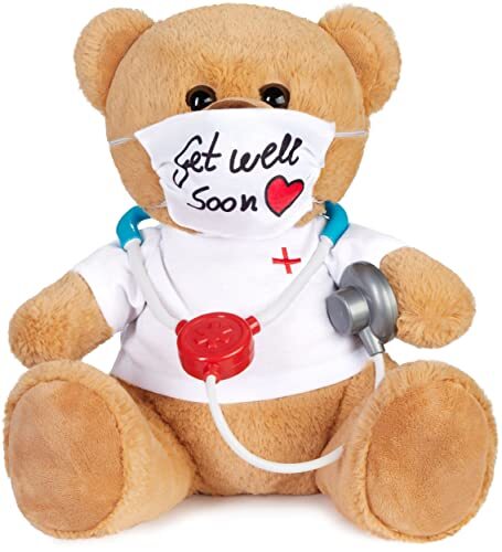 BRUBAKER Teddybeer met Masker en Stethoscoop - Get Well Soon Engels - 35 cm - Teddybeer met Doktershemd Wit - Pluche Knuffel - Bruin Lichtbruin