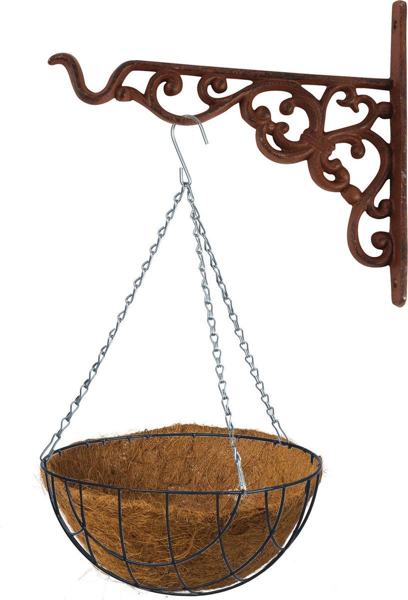 Bellatio Flowers & Plants Hanging basket 25 cm with iron wall hook and coconut liner - Complete hanging basket set of cast iron