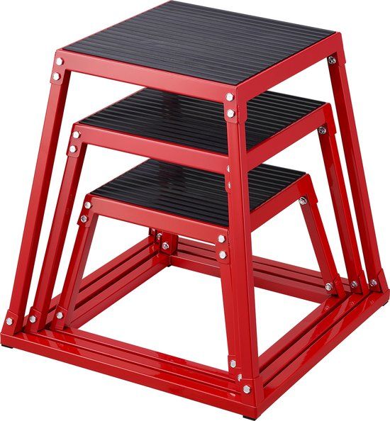 VEVOR 3-Delige Plyometrische Springboxen, 305/458/609 Mm Plyometrische Box Rood, Antislip Fitnessoefening Step-Up Boxset voor Thuisfitnesstraining, Conditionerende Krachttraining, Springtraining Draagbaar