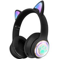 ELVANZA Bluetooth-hoofdtelefoon met kattenoren, gaming-hoofdtelefoon, RGB-verlichting met kleurverloop, dubbele modus Bluetooth 5.3 + bedraad, lichte oorkussens van kunstleer, zwart