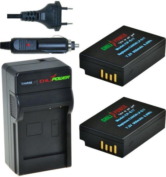 Chili Power ChiliPower 2 x LP-E17 Accu's voor Canon - Inclusief Oplader en Autolader - 950 mAh - Li-Ion