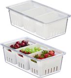 Relaxdays koelkast organizer, set van 2, stapelbaar, bakjes, transparant-wit