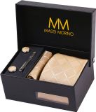 Massi Morino Stropdas Set Champagne Vierkant met Manchetknopen, Pochet en Dasspeld