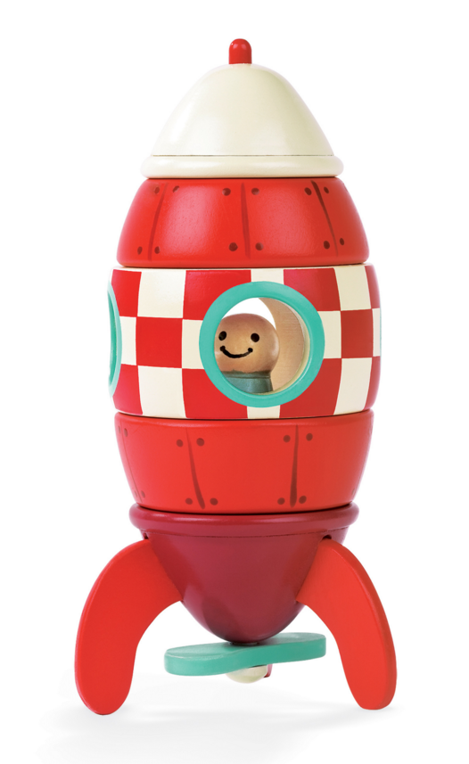 Janod Rocket - Speelgoedvoertuig - Hout - Wit/Blauw/Rood - Vanaf 2 Jaar