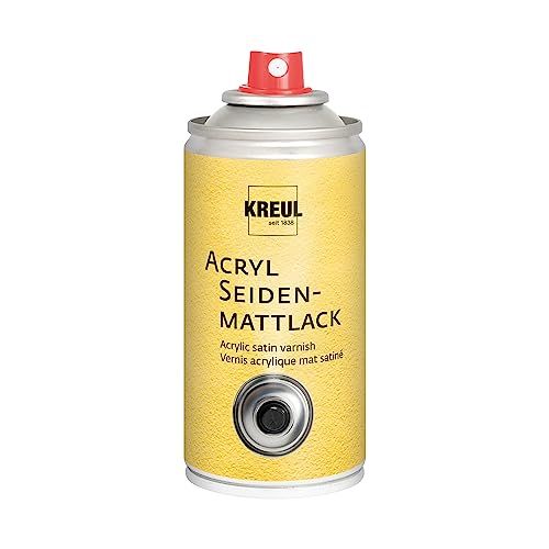 KREUL 830150 Zijdematte lak op acrylbasis, 150 ml spuitbus, kleurloze, niet vergelende, zijdematte drogende beschermlak voor karton, hout, glas, porselein, keramiek