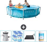 Intex Rond Frame Zwembad - 305 x 76 cm - Waterprint - Inclusief Pomp Filters - Solar Mat - Chloor