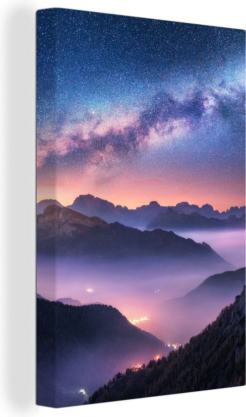 OneMillionCanvasses Canvas schilderij 120x180 cm - Bergen - Sterrenhemel - Mist - Multicolor