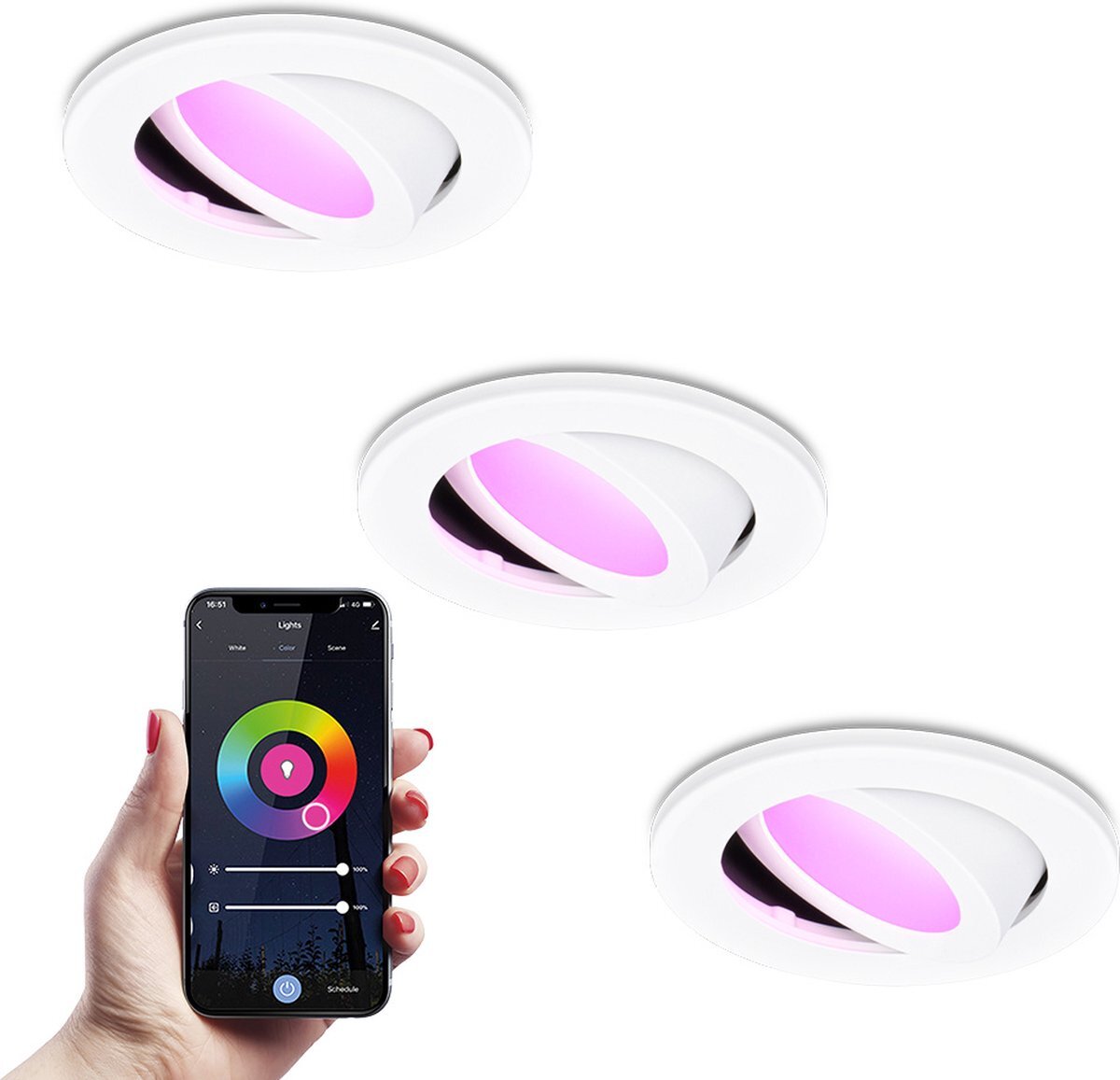 HOFTRONIC SMART HOFTRONIC - 3x Vienna smart LED inbouwspot Wit - WiFi & Bluetooth - RGBWW 16,5 miljoen kleuren - Kantelbaar - Google Home en Amazon Alexa - IP65 Badkamer inbouwspot - SMD LED Chip - 50.000 branduren