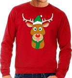 Bellatio Decorations Shoppartners Bv Foute kersttrui / sweater met Rudolf het rendier met groene kerstmuts rood voor heren - S