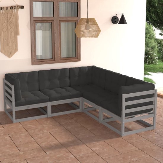 The Living Store Loungeset Hoekbank Grijs - 70x70x67cm - Massief grenenhout