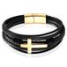 Mendes Jewelry Roestvrijstalen en Echt Lederen Heren Armband met Groot Kruis in Zwart en Goud-19cm