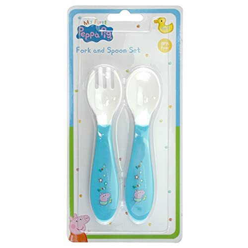 SRVertex SRV Hub® Lepel- en Vorkbestekset voor Unisex Kids 2 stuks Plastic Flatware Set Versierd met Karakter Peppa Varken, BPA vrij, Beste voor Kinderen 3+ Jaar (George Chunky Bestek Set Blauw)