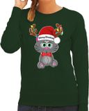 Bellatio Decorations Foute Kersttrui / sweater voor dames - Merry Christmas - groen - kerstpoesje XS
