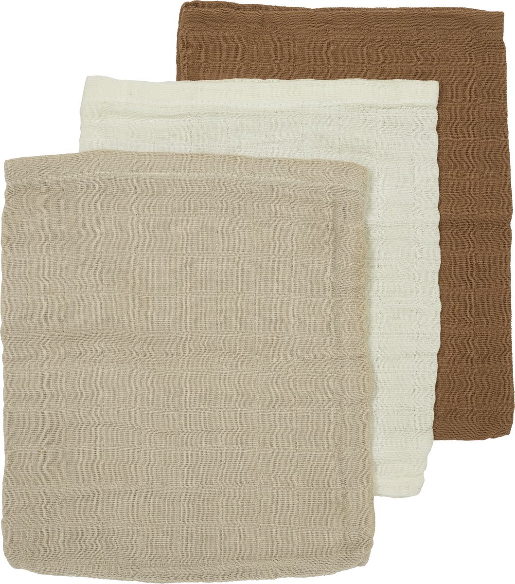 Meyco Baby Uni washandjes - 3-pack - hydrofiel - offwhite/sand/toffee - 20x17cm