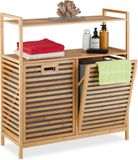 Merkloos Relaxdays Dubbele Wasmand - Bamboe - 2 Vakken - Kantelbaar - 40 Liter per Vak - Op Poten