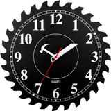 CIGERA 12 inch metalen wandklok met cirkelzaagblad wijzerplaat, handzaag en hamerwijzer, geweldig decor voor thuis, werkplaats en mannengrot, zwart
