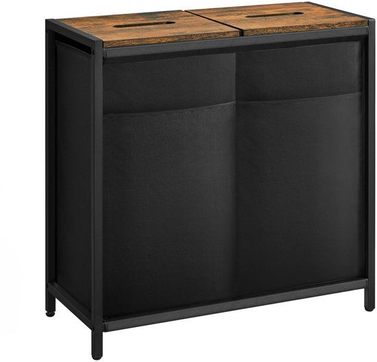 ACAZA Wasmand - Wasmand Met Deksel - 2 Vakken - 120 L - 73 x 33 x 71cm - Bruin en Zwart