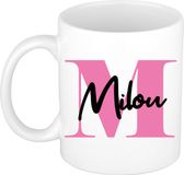 Bellatio Decorations Naam mok Milou - roze - wit - keramiek - 300 ml - cadeau beker