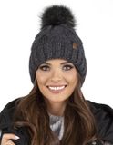 Vivisence Dames Wintermuts - Gebreide Stof Met Modieuze Steek Pompon Van Imitatiebont En Zachte Fleecevoering Voorkomt Statisch Haar - Houdt Warm Op Koude Winterdagen En Zit Comfortabel - Donkergrijs