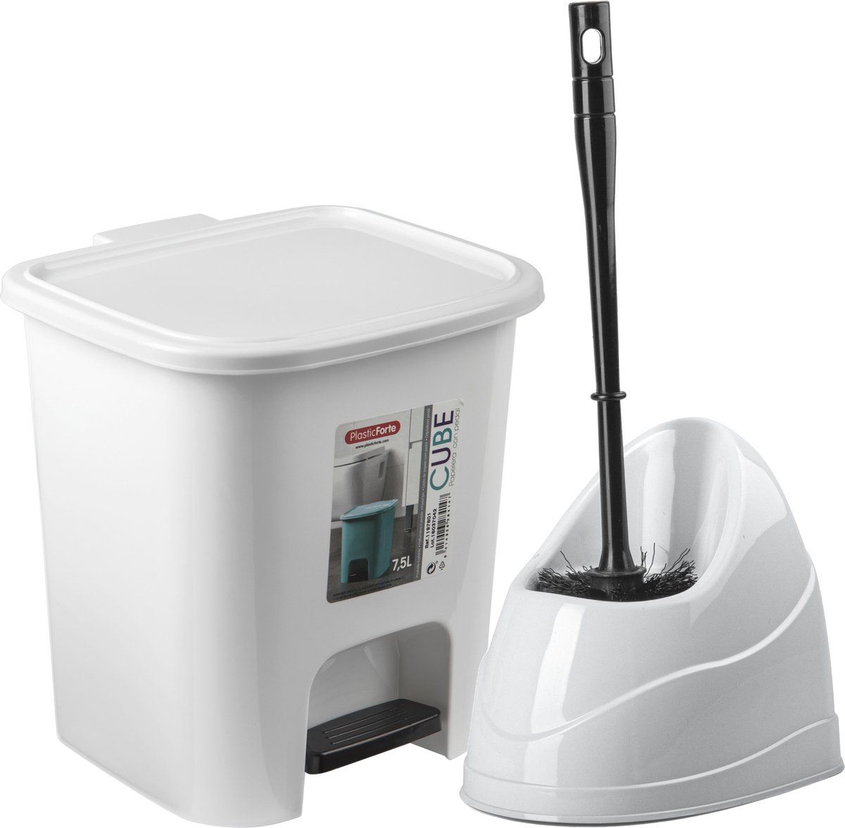 Forte Plastics WC-/toiletborstel houder - wit - pedaalemmer 7.5L