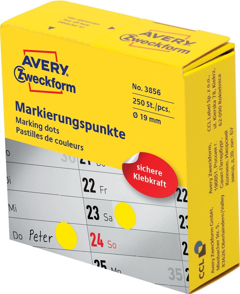 Avery marking dots diameter 19 mm rol met 250 stuks geel