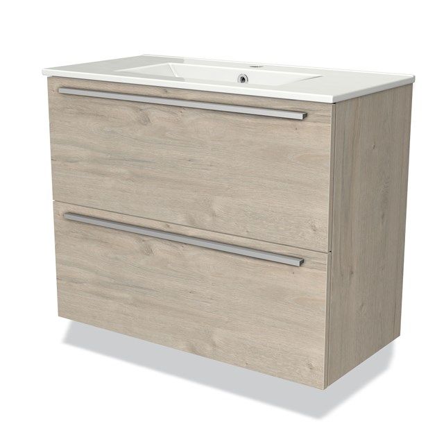 Maxaro Badkamermeubel 80cm Modulo Slim Lichtgrijs Eiken 2 Lades Vlak Wastafel Keramiek