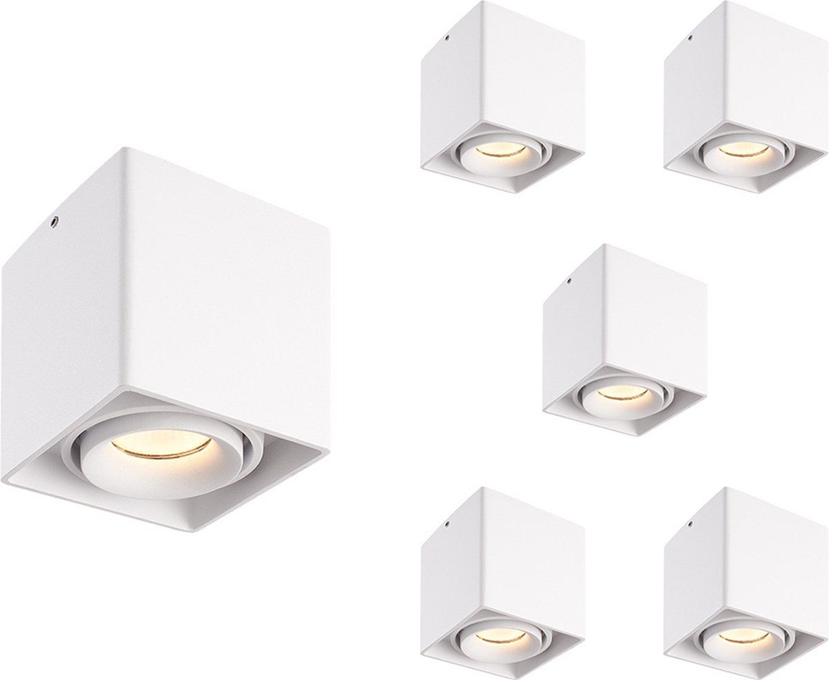 HOFTRONIC 6x Dimbare LED opbouw plafondspot Esto Wit incl. GU10 spot 5W 2700K IP20 kantelbaar