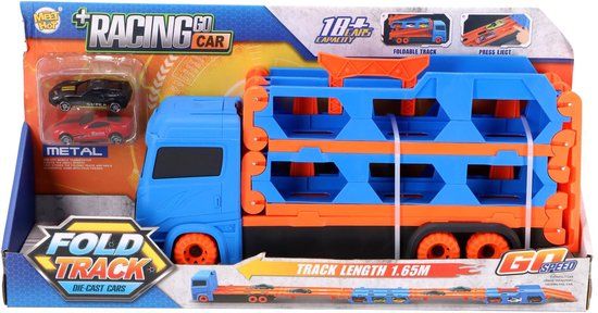 Ottosimon KiddyGo Auto Transporter Speelgoed Vrachtwagen met Racebaan en 2 Metalen Auto's