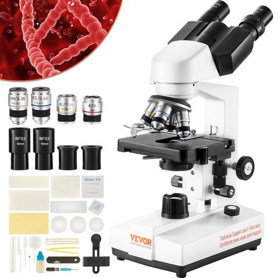 VEVOR Binoculaire Microscoop 10x, 25x, Samengestelde Microscoop, Lenzen 4x, 10x, 40x, 100x, Laboratorium Gereflecteerd Licht Binoculaire Microscoop Vergroting 40-2500, 100-240 V