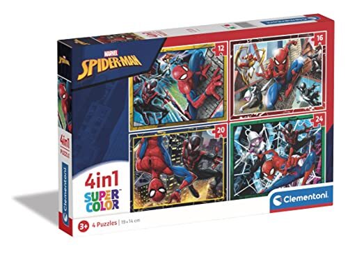 Clementoni 21515 Supercolor 4-in-1 Marvel Spiderman-puzzel, 12, 16, 20, 24 delen vanaf 3 jaar, kleurrijke kinderpuzzel met bijzondere helderheid, behendigheidsspel voor kinderen