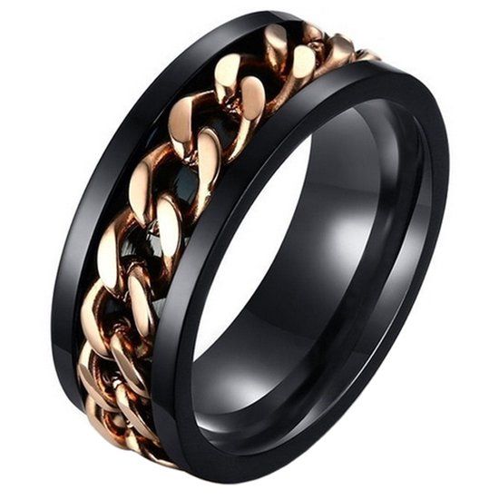 LGT JWLS Lookinggoodtoday Stalen herenring met Cubaanse ketting Zwart Goud-18mm