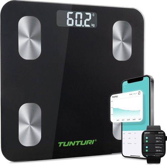 Tunturi Weegschaal - Personenweegschaal - Bluetooth - 180kg Gebruikersgewicht - Slimme weegschaal met app - incl. lichaamsanalyse &amp; hartslagmeter