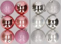 Merkloos / Sans marque Billiet - Vanlaere Kunststof Kerstballen Mix Roze en Zilver - Dia 8 cm - 12 stuks - Mat Glans Glitter - Onbreekbaar