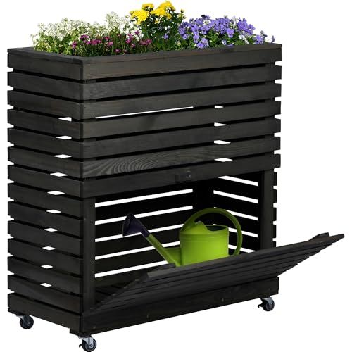dobar® Grote verhoogde bloembak van massief hout maat L met wieltjes - verhoogd bed met opbergvak - 72 x 32,5 x 78 cm - antraciet