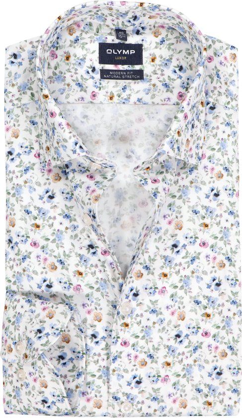 OLYMP Luxor modern fit overhemd - dobby - wit met blauw en roze bloemetjes dessin - Strijkvrij - Boordmaat: 40