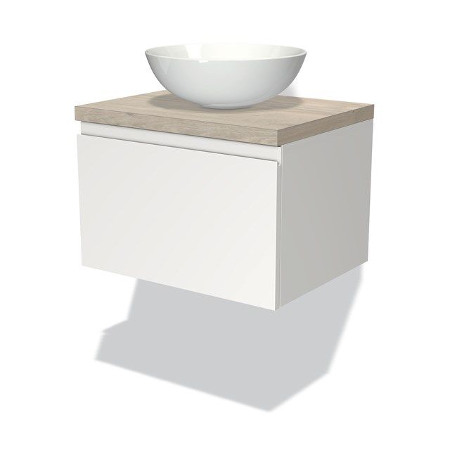 Maxaro Badkamermeubel voor Waskom 60cm Modulo Plato Mat Wit 1 Lade Greeploos Lichtgrijs Eiken Blad