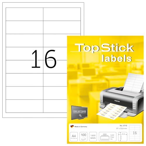 TopStick 8710 universele etiketten A4 (96,5 x 33,9 mm, 100 vellen, papier, mat) zelfklevend, bedrukbaar, permanente klevende adreslabels, 1.600 etiketten voor printer, wit