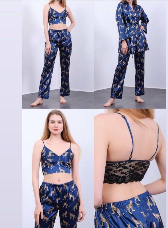 Satijn 3-Delige Dames Pyjama Set - Luipaard Design - Donkerblauw - Maat S