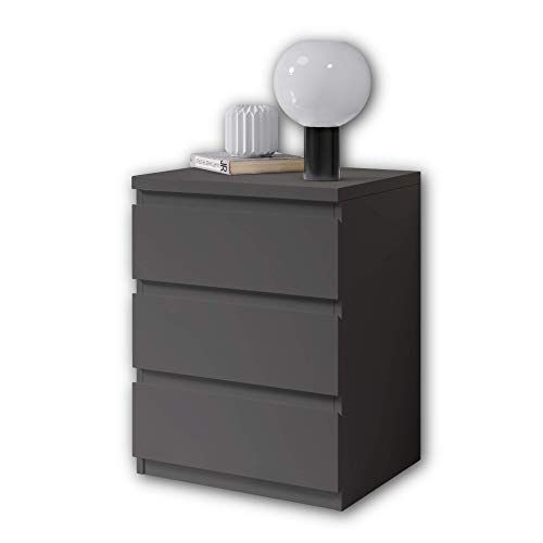 Stella Trading OLLI Nachtkastje met drie schuifladen in grafiet modern nachtkastje met opbergruimte voor je bed, hout, 45 x 61 x 38 cm